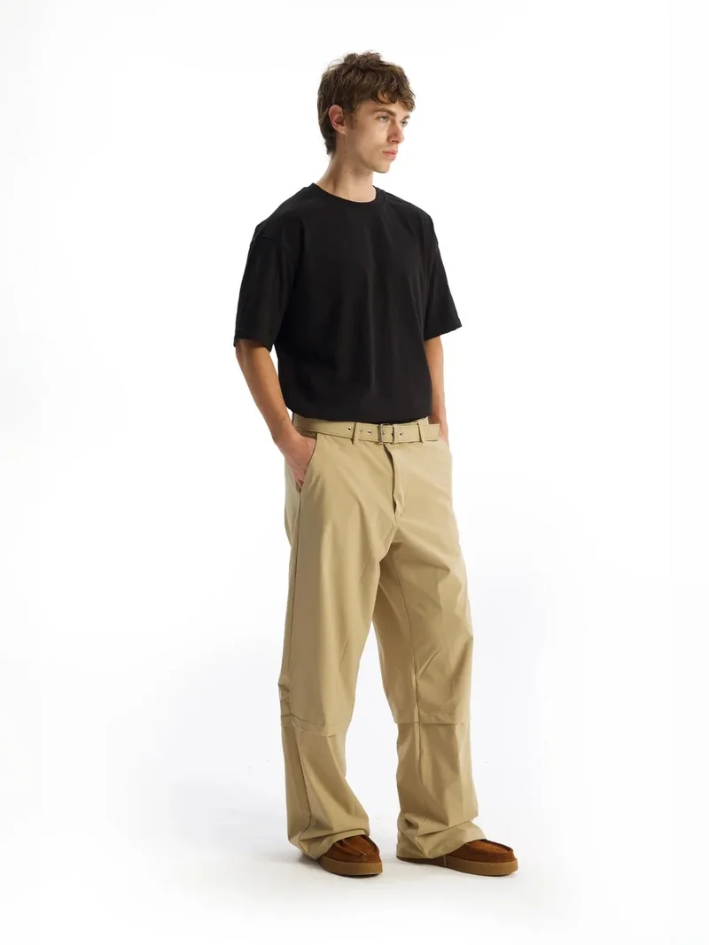 Giesto Beige Natural GIESTO Belted Gabardine Straight Leg Pants for Men | Best Price UAE